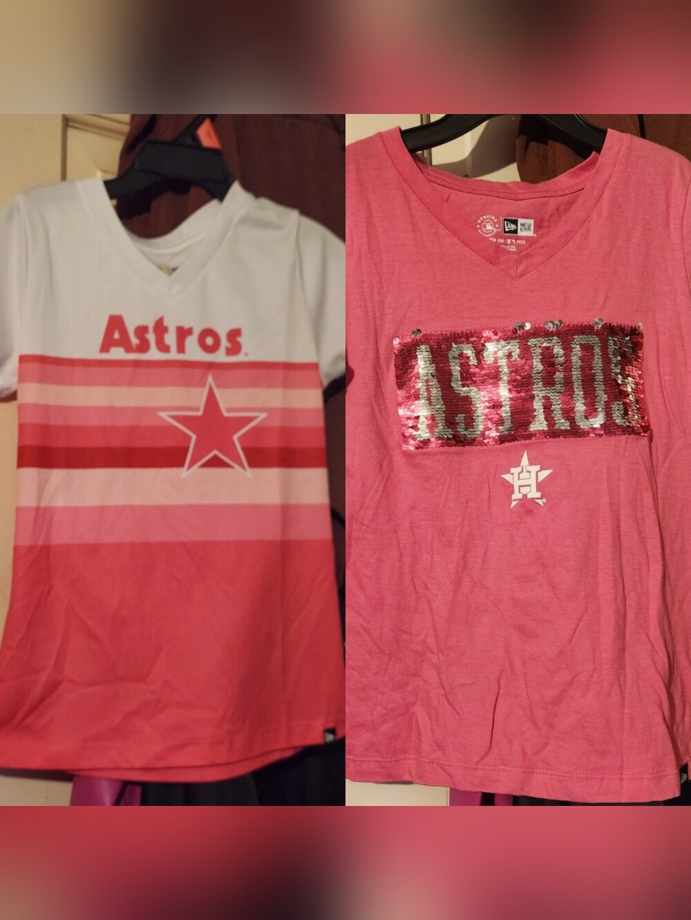 Houston Astros Girls' Pink Sequin & Stripe Tee bundle of 2 shirts size 7/8